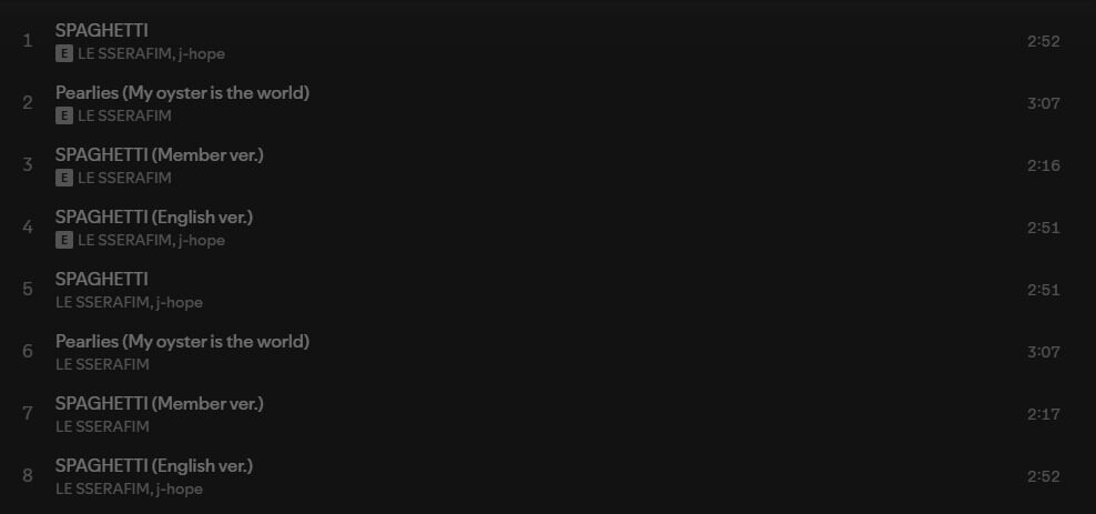 Spotify track list for SPAGHETTI