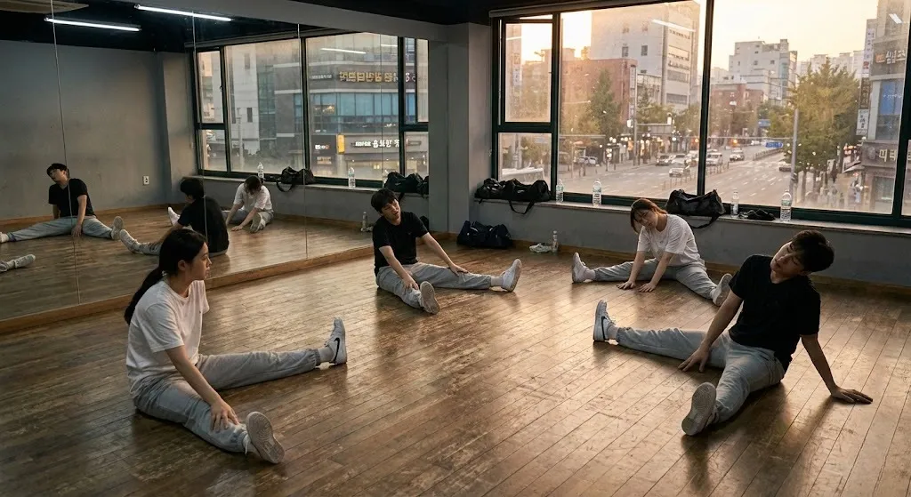 K-pop trainees resting in a Seoul dance practice room after rehearsal