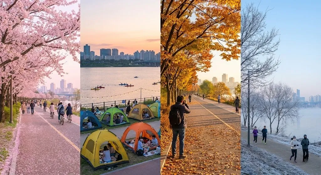 Han River Seoul seasonal changes autumn foliage golden hour riverside path