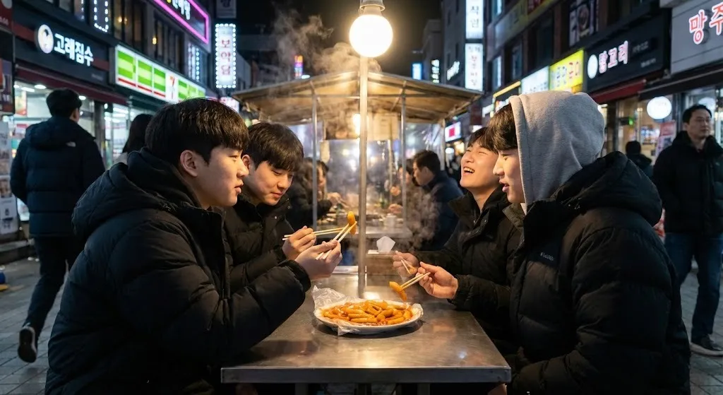 K-pop trainees sharing tteokbokki together at a Seoul street stall