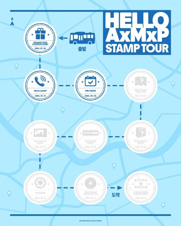 AxMxP members posing with 'HELLO AxMxP' promotional materials