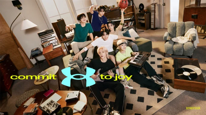 Six BOYNEXTDOOR members posing for Under Armour COMMIT visuals