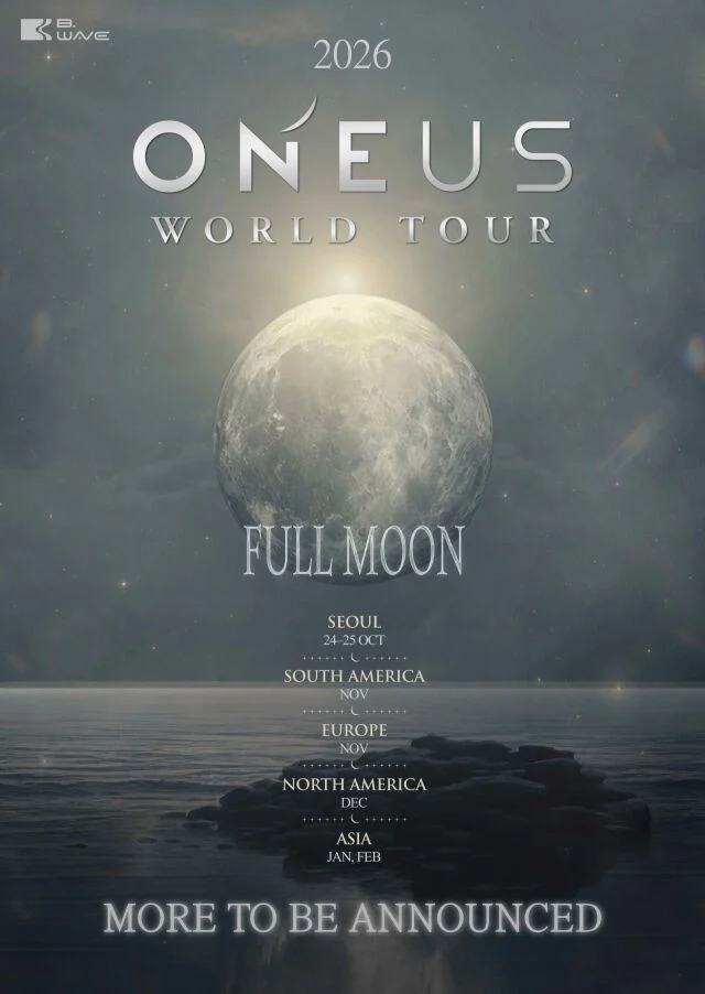 ONEUS members posing with the 2026 WORLD TOUR FULL MOON poster