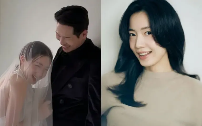 Ryu Hwa Young in a white wedding dress with long veil leaning into fiancé