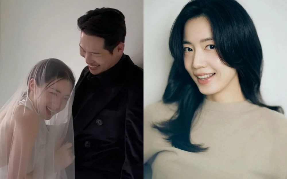 Ryu Hwa Young in a white wedding dress with long veil leaning into fiancé