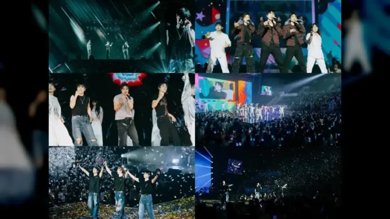B1A4 performing onstage with robe-themed choreography and band
