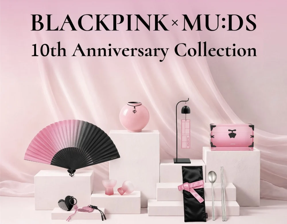 Decorative folding fan styled with traditional Korean patterns and BLACKPINK motif