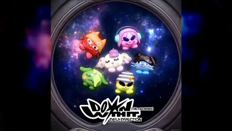 Animated DAILY:DIRECTION members drifting through cosmic spaceship window