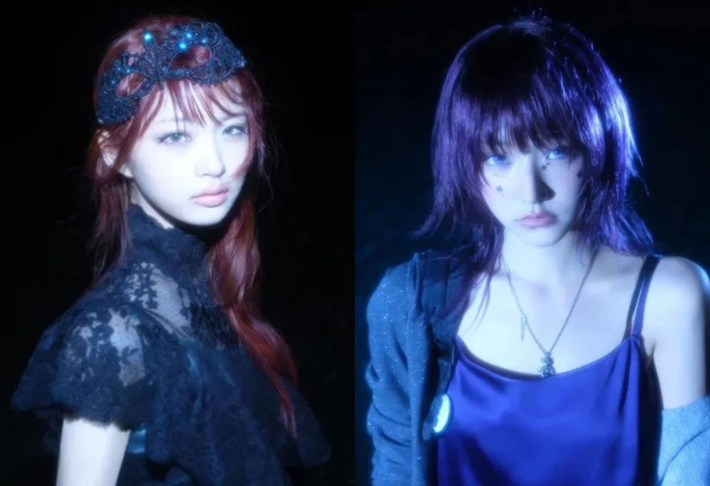 KiiiKiii members posed under soft blue-hued lighting in night setting