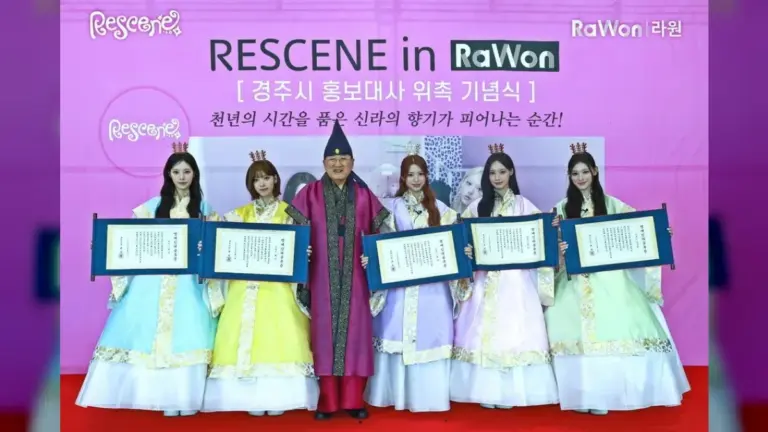 RESCENE members wearing hanbok procession through Laone botanical garden