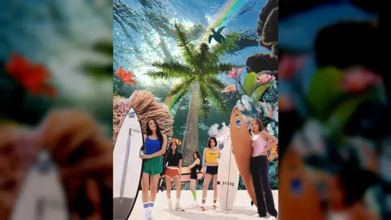 Red Velvet members posing together to promote Velvet Summer comeback