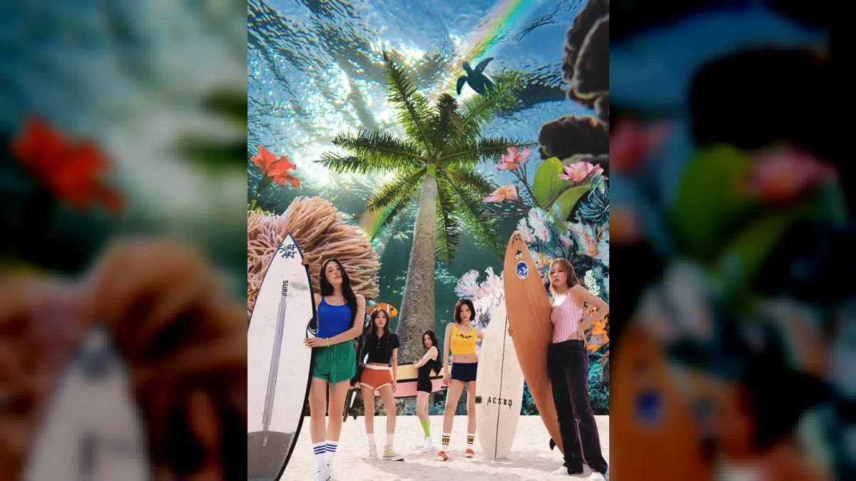 Red Velvet members posing together to promote Velvet Summer comeback