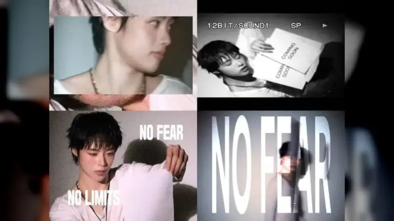 Hanbin posing with 'No Fear' logo visual in promotional video
