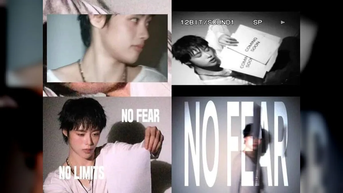 Hanbin posing with 'No Fear' logo visual in promotional video