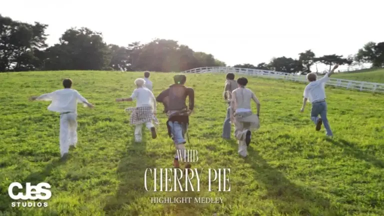 WHIB members posing for CHERRY PIE promotional image wearing coordinated outfits